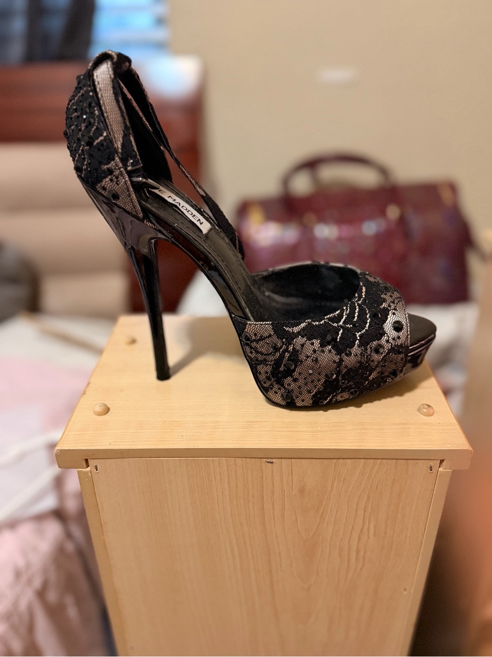 Steve Madden Black Lace and Nude Peep-Toe Stiletto Heels